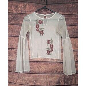 HOLLISTER  Mesh Pink Top Keyhole Back Embroidered Flowers  Bell Sleeves Jrs XS/S
